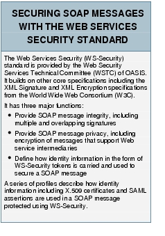Text Box: SECURING SOAP MESSAGES WITH THE WEB SERVICES SECURITY STANDARDThe Web Services Security (WS-Security) standard is provided by the Web Security Services Technical Committee (WSTC) of OASIS. It builds on other core specifications including the XML Signature and XML Encryption specifications from the World Wide Web Consortium (W3C). It has three major functions:●  Provide SOAP message integrity, including multiple and overlapping signatures●    Provide SOAP message privacy, including encryption of messages that support Web service intermediaries●   Define how identity information in the form of WS-Security tokens is carried and used to secure a SOAP messageA series of profiles describe how identity information including X.509 certificates and SAML assertions are used in a SOAP message protected using WS-Security.