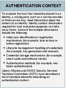 Text Box: AUTHENTICATION CONTEXTTo evaluate the trust that should be placed in an identity, a relying party such as a service provider or Web service may need information about the context of an identity. Identity context information required for trust evaluation purposes can take many forms. Some of the multiple dimensions include the following:● Initial user identification or registration mechanisms (for example, face-to-face or online registration)●    Lifecycle management handling of credentials (for example, key generation and renewal)●   Credential storage mechanisms (for example, smart cards and software stores)● Authentication methods (for example, two-factor authentication)Liberty Alliance and OASIS Security Services Technical Committee (SSTC) have described a set of standard elements describing an authentication context.