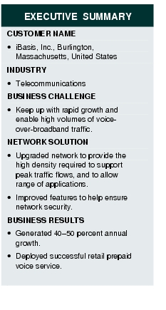 Text Box: EXECUTIVE SUMMARYCUSTOMER NAME·    iBasis, Inc., Burlington, Massachusetts, United StatesINDUSTRY· TelecommunicationsBUSINESS CHALLENGE·   Keep up with rapid growth and enable high volumes of voice-over broadband traffic.NETWORK SOLUTION· Upgraded network to provide the high density required to support peak traffic flows, and to allow range of applications.·   Improved features to help ensure network security.BUSINESS RESULTS· Generated 40-50 percent annual growth.· Deployed successful retail prepaid voice service.