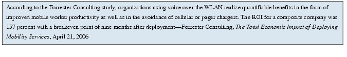 Text Box: According to the Forrester Consulting study, organizations using voice over the WLAN realize quantifiable benefits in the form of improved mobile worker productivity as well as in the avoidance of cellular or pager chargers. The ROI for a composite company was 157 percent with a breakeven point of nine months after deployment-Forrester Consulting, The Total Economic Impact of Deploying Mobility Services, April 21, 2006