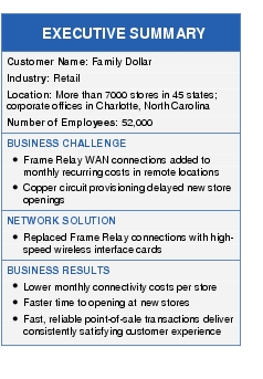 Text Box: EXECUTIVE SUMMARYCustomer Name: Family DollarIndustry: RetailLocation: More than 7000 stores in 45 states; corporate offices in Charlotte, North CarolinaNumber of Employees: 52,000BUSINESS CHALLENGE●    Frame Relay WAN connections added to monthly recurring costs in remote locations● Copper circuit provisioning delayed new store openingsNETWORK SOLUTION●   Replaced Frame Relay connections with high-speed wireless interface cardsBUSINESS RESULTS●    Lower monthly connectivity costs per store●   Faster time to opening at new stores● Fast, reliable point-of-sale transactions deliver consistently satisfying customer experience
