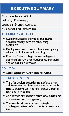 Text Box: EXECUTIVE SUMMARYCustomer Name: ASE ITIndustry: TechnologyLocation: Sydney, AustraliaNumber of Employees: 10+BUSINESS CHALLENGE● Support business growth by supplying IT services rapidly to new and existing customers● Deploy new customers and services quickly without rapid increase in staffing● Keep staff morale high by increasing data center efficiency, and reducing routine tasks and on-call time windowsSOLUTION● Cisco Intelligent Automation for CloudBUSINESS RESULTS● Time for design to deployment of customer solutions reduced from weeks to hours, with time to build virtual machine reduced from 8 hours to 15 minutes● Can confidently accommodate new customers and expand business globally● Technical staff focusing on strategic challenges instead of routine, time-consuming tasks