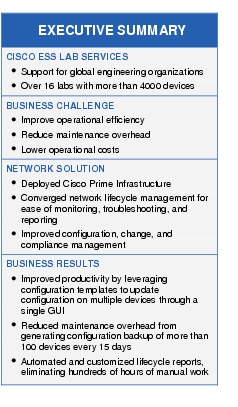 Text Box: EXECUTIVE SUMMARYCISCO ESS LAB SERVICES●   Support for global engineering organizations● Over 16 labs with more than 4000 devices BUSINESS CHALLENGE●  Improve operational efficiency●   Reduce maintenance overhead●  Lower operational costsNETWORK SOLUTION●  Deployed Cisco Prime Infrastructure●  Converged network lifecycle management for ease of monitoring, troubleshooting, and reporting●    Improved configuration, change, and compliance management BUSINESS RESULTS●   Improved productivity by leveraging configuration templates to update configuration on multiple devices through a single GUI● Reduced maintenance overhead from generating configuration backup of more than 100 devices every 15 days● Automated and customized lifecycle reports, eliminating hundreds of hours of manual work