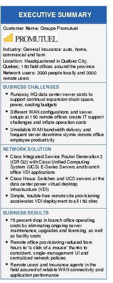 Text Box: EXECUTIVE SUMMARYCustomer Name: Groupe Promutuel  Industry: General insurance: auto, home, commercial and farmLocation: Headquartered in Québec City, Quebec; 150 field offices around the provinceNetwork users: 2000 people locally and 2000 remote usersBUSINESS CHALLENGES●    Runaway HQ data center server costs to support continual expansion strain space, power, cooling budgets●  Different WAN configurations and server setups at 150 remote offices create IT support challenges and inflate operation costs ●   Unreliable WAN bandwidth delivery and frequent server downtime stymie remote office employee productivityNETWORK SOLUTION●    Cisco Integrated Service Router Generation 2 (ISR G2) with Cisco Unified Computing System (UCS) E-Series Servers and branch office VDI applications●  Cisco Nexus Switches and UCS servers at the data center power virtual desktop infrastructure (VDI)●   Simple, trouble-free remote site provisioning accelerates VDI deployment to all 150 sitesBUSINESS RESULTS●    75 percent drop in branch office operating costs by eliminating ongoing server maintenance, upgrades and licensing, as well as facility costs●    Remote office provisioning reduced from hours to "a click of a mouse" thanks to consistent, single-management UI and centralized network policies●  Remote users and insurance agents in the field assured of reliable WAN connectivity and application performance