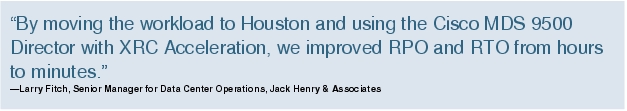 Text Box: "By moving the workload to Houston and using the Cisco MDS 9500 Director with XRC Acceleration, we improved RPO and RTO from hours to minutes."-Larry Fitch, Senior Manager for Data Center Operations, Jack Henry & Associates