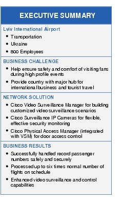 Text Box: EXECUTIVE SUMMARYLviv International Airport● Transportation● Ukraine● 800 EmployeesBUSINESS CHALLENGE● Help ensure safety and comfort of visiting fans during high profile events ● Provide country with major hub for international business and tourist travelNETWORK SOLUTION● Cisco Video Surveillance Manager for building customized video surveillance scenarios● Cisco Surveillance IP Cameras for flexible, effective security monitoring● Cisco Physical Access Manager (integrated with VSM) for door access control BUSINESS RESULTS● Successfully handled record passenger numbers safely and securely● Processed up to six times normal number of flights on schedule ● Enhanced video surveillance and control capabilities