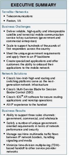 Text Box: EXECUTIVE SUMMARYTerreStar Networks● Telecommunications ●  Reston, VA Business Challenges●   Deliver reliable, high-quality and interoperable satellite and terrestrial mobile communication service to key customers (government and commercial enterprises)● Scale to support hundreds of thousands of first responders across the country●    Meet the unique government requirements and apply them to an IP backbone● Create specialized applications and offer customers the ability to onboard their applications to the mobile networkNetwork Solutions● Cisco's low-/mid-/high-end routing and switching platforms serve as the next-generation network infrastructure●   Cisco's Multi-Service Blade for Session Border Control (SBC)● Cisco's IOS® XR software for secure routing applications and nonstop operations●  All-IP experience to the handsetBusiness Results● Ability to support three sales channels: government, commercial, and wholesale●   Satisfy a number of unique government-oriented requirements in terms of network performance and security● Manage real-time multimedia traffic flows between IP network borders, handling signaling and media●   Minimize time-division multiplexing (TDM)-based handoff to other service provider networks
