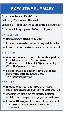 Text Box: EXECUTIVE SUMMARYCustomer Name: D+M GroupIndustry: Consumer ElectronicsLocation: Headquarters in Mahwah, New JerseyNumber of Employees: 2000 EmployeesCHALLENGE●   Increase operational efficiency●  Promote innovation by fostering collaboration●    Lower communications total cost of ownershipSOLUTION● Adopted common cloud collaboration platform for all divisions, with Cisco Hosted Collaboration Solution (HCS) delivered by West IP Communications●    Helped enable in-person communications experience with managed Cisco TelePresence serviceRESULTS● Bridged organizational silos and made it easier to collaborate from any global location●  Accelerated decision-making by helping enable more people to engage, without travel●  Lowered three-year total cost of ownership for communications at headquarters by 72 percent