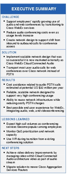 Text Box: EXECUTIVE SUMMARYCHALLENGE●    Support employees' rapidly growing use of audio and web conferences by transitioning to Cisco WebEx services● Reduce audio conferencing costs even as usage levels increase●    Create network design to support shift from inbound to outbound calls for conference accessSOLUTION●  Implement scalable network design that was so successful it is now marketed externally as Cisco WebEx Cloud Connected Audio●  Transport most user audio calls for web conferences over Cisco network instead of PSTNRESULTS●    Cost avoidance related to audio PSTN calls estimated at potential US $32 million per year●    Reliable, scalable network designed to support very high conferencing usage●  Ability to reuse network infrastructure while reducing costly PSTN charges●   Best possible end user experience for WebEx, integrating audio, web, and videoconferencingLESSONS LEARNED●    Expect high call volumes as conferencing services become popular among employees● Monitor QoS prioritization and network capacity●  Use IVR during transition from existing conferencing solutionNEXT STEPS●  Achieve video delivery improvements by managing video within Cloud Connected Audio architecture video as part of audio stream●    Migrate solution to newer Cisco Aggregation Services Routers