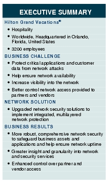 Text Box: EXECUTIVE SUMMARYHilton Grand Vacations®●    Hospitality●  Worldwide, Headquartered in Orlando, Florida, United States●  3200 employeesBUSINESS CHALLENGE● Protect critical applications and customer data from network attacks● Help ensure network availability● Increase visibility into the network● Better control network access provided to partners and vendorsNETWORK SOLUTION ●  Upgraded network security solutions to implement integrated, multilayered network protection BUSINESS RESULTS●    More robust, comprehensive network security to safeguard business assets and applications and help ensure network uptime● Greater insight and granularity into network and security services●   Enhanced control over partner and vendor access