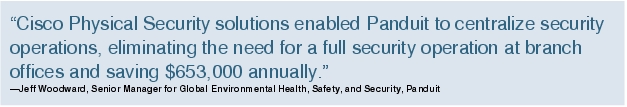 Text Box: "Cisco Physical Security solutions enabled Panduit to centralize security operations, eliminating the need for a full security operation at branch offices and saving $653,000 annually."-Jeff Woodward, Senior Manager for Global Environmental Health, Safety, and Security, Panduit