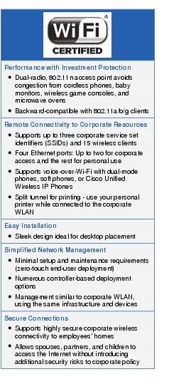 Text Box: Performance with Investment Protection● Dual-radio, 802.11n access point avoids congestion from cordless phones, baby monitors, wireless game consoles, and microwave ovens● Backward-compatible with 802.11a/b/g clientsRemote Connectivity to Corporate Resources● Supports up to three corporate service set identifiers (SSIDs) and 15 wireless clients● Four Ethernet ports: Up to two for corporate access and the rest for personal use● Supports voice-over-Wi-Fi with dual-mode phones, soft phones, or Cisco Unified Wireless IP Phones● Split tunnel for printing - use your personal printer while connected to the corporate WLANEasy Installation● Sleek design ideal for desktop placementSimplified Network Management● Minimal setup and maintenance requirements (zero-touch end-user deployment)● Numerous controller-based deployment options● Management similar to corporate WLAN, using the same infrastructure and devicesSecure Connections● Supports highly secure corporate wireless connectivity to employees' homes● Allows spouses, partners, and children to access the Internet without introducing additional security risks to corporate policy