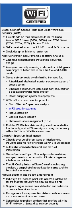 Text Box: Cisco Aironet® Access Point Module for Wireless Security (WSM)● Flexible add-on third radio module for the Cisco Aironet 3600 Series (3600i, 3600e) and 3700 Series (3700i, 3700e, 3700p) Access Points● Self-contained, concurrent 2.4-GHz and 5- GHz radio● Sleek design with internal antennasNext-Generation Security and Spectrum Analysis● Zero-touch configuration; installation, power-up, and go● Always-on security scanning and spectrum intelligence scanning for all channels in both the 2.4- and 5-GHz bands● Saves network costs by eliminating the need for:◦ A traditional, dedicated monitor mode overlay set of access points◦ Ethernet infrastructure (cable and port) required for a dedicated monitor mode overlay◦ Power supply or injector as appropriate● WSM offloads concurrent support for:◦ Cisco CleanAir® spectrum analysis◦ wIPS security scanning◦ Rogue detection◦ Context-aware location◦ Radio resource management (RRM)● Enables Wi-Fi client data serving, monitor- mode-like functionality, and wIPS security scanning concurrently with a 3600i/e or 3700i/e access pointCleanAir Spectrum Intelligence● Classify over 20 different types of interference, including non-Wi-Fi interference within 5 to 30 seconds● Automatic remedial action and less manual intervention● Cisco Spectrum Expert Connect provides real-time, raw spectrum data to help with difficult-to-diagnose interference problems● The Air Quality Index in Cisco CleanAir technology provides a snapshot of network performance and the impact of interferenceRobust Security and Policy Enforcement● Industry's first access point with non-Wi-Fi detection for off-channel rogues while serving data clients● Supports rogue access point detection and detection of denial-of-service attacks● Management frame protection detects malicious users and alerts network administrators● Set policies to prohibit devices that interfere with the Wi-Fi network or jeopardize network security