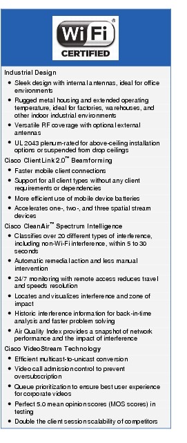 Text Box:  Industrial Design●    Sleek design with internal antennas, ideal for office environments●   Rugged metal housing and extended operating temperature, ideal for factories, warehouses, and other indoor industrial environments●   Versatile RF coverage with optional external antennas●    UL 2043 plenum-rated for above-ceiling installation options or suspended from drop ceilingsCisco ClientLink 2.0™ Beamforming●   Faster mobile client connections● Support for all client types without any client requirements or dependencies● More efficient use of mobile device batteries●    Accelerates one-, two-, and three spatial stream devicesCisco CleanAir™ Spectrum Intelligence●  Classifies over 20 different types of interference, including non-Wi-Fi interference, within 5 to 30 seconds● Automatic remedial action and less manual intervention●   24/7 monitoring with remote access reduces travel and speeds resolution●  Locates and visualizes interference and zone of impact●   Historic interference information for back-in-time analysis and faster problem solving●   Air Quality Index provides a snapshot of network performance and the impact of interferenceCisco VideoStream Technology●  Efficient multicast-to-unicast conversion●    Video call admission control to prevent oversubscription● Queue prioritization to ensure best user experience for corporate videos● Perfect 5.0 mean opinion scores (MOS scores) in testing●  Double the client session scalability of competitors