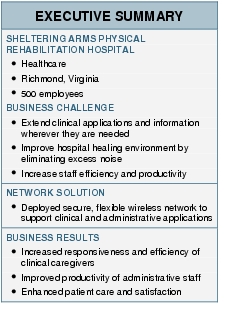 Text Box: EXECUTIVE SUMMARYSHELTERING ARMS PHYSICAL REHABILITATION HOSPITAL●  Healthcare●   Richmond, Virginia●   500 employeesBUSINESS CHALLENGE●  Extend clinical applications and information wherever they are needed ●   Improve hospital healing environment by eliminating excess noise● Increase staff efficiency and productivity NETWORK SOLUTION●  Deployed secure, flexible wireless network to support clinical and administrative applicationsBUSINESS RESULTS●   Increased responsiveness and efficiency of clinical caregivers●   Improved productivity of administrative staff●    Enhanced patient care and satisfaction