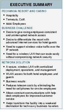 Text Box: EXECUTIVE SUMMARYPECHANGA RESORT AND CASINO● Hospitality●  Temecula, Calif.● 5000 EmployeesBUSINESS CHALLENGE● Desire to give roving employees consistent and uninterrupted network access●  Desire to differentiate the resort with advanced Internet services for hotel guests●  Need to support wireless voice traffic over the IP network●   Need for a wireless LAN that can scale easily without compromising network securityNETWORK SOLUTION●  A secure, wireless LAN with centralized deployment, operations, and management●   WLAN access for both hotel employees and guests●  Business results:●    Reduces telecom costs by eliminating the need for cell phones for on-site employees ● Allows constant communications with help desk employees for improved customer service●    Helps transform the facility into a weekend destination for tech-savvy business travelers
