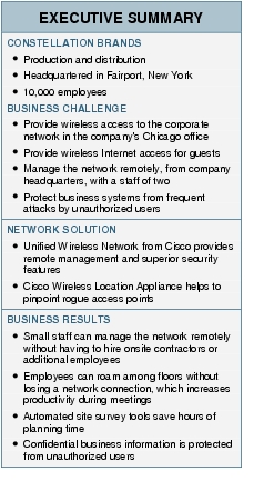 Text Box: EXECUTIVE SUMMARYCONSTELLATION BRANDS● Production and distribution● Headquartered in Fairport, New York● 10,000 employeesBUSINESS CHALLENGE● Provide wireless access to the corporate network in the company's Chicago office● Provide wireless Internet access for guests● Manage the network remotely, from company headquarters, with a staff of two● Protect business systems from frequent attacks by unauthorized users NETWORK SOLUTION● Unified Wireless Network from Cisco provides remote management and superior security features● Cisco Wireless Location Appliance helps to pinpoint rogue access pointsBUSINESS RESULTS● Small staff can manage the network remotely without having to hire onsite contractors or additional employees● Employees can roam among floors without losing a network connection, which increases productivity during meetings ● Automated site survey tools save hours of planning time● Confidential business information is protected from unauthorized users