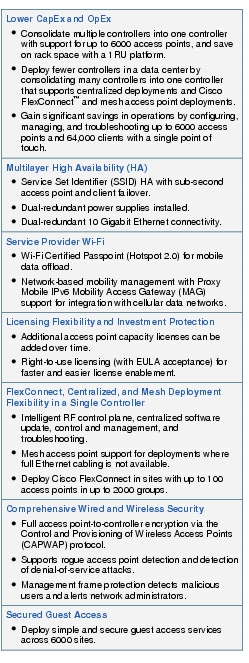 Text Box: Lower CapEx and OpEx● Consolidate multiple controllers into one controller with support for up to 6000 access points, and save on rack space with a 1RU platform.● Deploy fewer controllers in a data center by consolidating many controllers into one controller that supports centralized deployments and Cisco FlexConnect™ and mesh access point deployments.● Gain significant savings in operations by configuring, managing, and troubleshooting up to 6000 access points and 64,000 clients with a single point of touch.Multilayer High Availability (HA)● Service Set Identifier (SSID) HA with sub-second access point and client failover.● Dual-redundant power supplies installed.● Dual-redundant 10 Gigabit Ethernet connectivity.Service Provider Wi-Fi● Wi-Fi Certified Passpoint (Hotspot 2.0) for mobile data offload.● Network-based mobility management with Proxy Mobile IPv6 Mobility Access Gateway (MAG) support for integration with cellular data networks.Licensing Flexibility and Investment Protection● Additional access point capacity licenses can be added over time.● Right-to-use licensing (with EULA acceptance) for faster and easier license enablement.FlexConnect, Centralized, and Mesh Deployment Flexibility in a Single Controller● Intelligent RF control plane, centralized software update, control and management, and troubleshooting.● Mesh access point support for deployments where full Ethernet cabling is not available.● Deploy Cisco FlexConnect in sites with up to 100 access points in up to 2000 groups.Comprehensive Wired and Wireless Security● Full access point-to-controller encryption via the Control and Provisioning of Wireless Access Points (CAPWAP) protocol.● Supports rogue access point detection and detection of denial-of-service attacks.● Management frame protection detects malicious users and alerts network administrators.Secured Guest Access● Deploy simple and secure guest access services across 6000 sites.