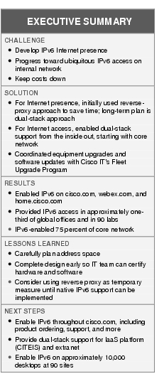 Text Box: EXECUTIVE SUMMARYCHALLENGE ● Develop IPv6 Internet presence●   Progress toward ubiquitous IPv6 access on internal network●   Keep costs downSOLUTION ● For Internet presence, initially used reverse-proxy approach to save time; long-term plan is dual-stack approach● For Internet access, enabled dual-stack support from the inside out, starting with core network●  Coordinated equipment upgrades and software updates with Cisco IT's Fleet Upgrade ProgramRESULTS● Enabled IPv6 on cisco.com, webex.com, and home.cisco.com● Provided IPv6 access in approximately one-third of global offices and in 90 labs● IPv6-enabled 75 percent of core networkLESSONS LEARNED●   Carefully plan address space● Complete design early so IT team can certify hardware and software●   Consider using reverse proxy as temporary measure until native IPv6 support can be implementedNEXT STEPS● Enable IPv6 throughout cisco.com, including product ordering, support, and more●  Provide dual-stack support for IaaS platform (CITEIS) and extranet●   Enable IPv6 on approximately 10,000 desktops at 90 sites