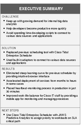 Text Box: EXECUTIVE SUMMARYCHALLENGE● Keep up with growing demand for internal big data analytics●  Help developers become productive more quickly●   Avoid spending time developing scripts to connect to various data sources and applicationsSOLUTION●   Replaced previous scheduling tool with Cisco Tidal Enterprise Scheduler●  Used built-in adapters to connect to various data sources and applicationsRESULTS●    Eliminated steep learning curve for previous scheduler by providing intuitive browser interface●  Accelerated deployment of services from months to hours in some cases●    Placed heartbeat-monitoring process in production in just 30 minutes● Improved work-life balance for Cisco IT staff by providing a mobile app for monitoring and managing processesNEXT STEPS●  Use Cisco Tidal Enterprise Scheduler with JAWS Predictive Analytics to assign priority to workloads on SLA critical path