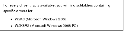 Text Box: For every driver that is available, you will find subfolders containing specific drivers for:●   W2K8 (Microsoft Windows 2008)●    W2K8R2 (Microsoft Windows 2008 R2)