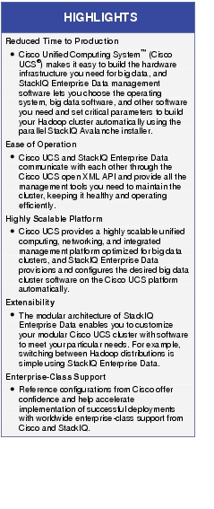Text Box: HIGHLIGHTSReduced Time to Production●  Cisco Unified Computing System™ (Cisco UCS®) makes it easy to build the hardware infrastructure you need for big data, and StackIQ Enterprise Data management software lets you choose the operating system, big data software, and other software you need and set critical parameters to build your Hadoop cluster automatically using the parallel StackIQ Avalanche installer.Ease of Operation ●   Cisco UCS and StackIQ Enterprise Data communicate with each other through the Cisco UCS open XML API and provide all the management tools you need to maintain the cluster, keeping it healthy and operating efficiently. Highly Scalable Platform●   Cisco UCS provides a highly scalable unified computing, networking, and integrated management platform optimized for big data clusters, and StackIQ Enterprise Data provisions and configures the desired big data cluster software on the Cisco UCS platform automatically.Extensibility●    The modular architecture of StackIQ Enterprise Data enables you to customize your modular Cisco UCS cluster with software to meet your particular needs. For example, switching between Hadoop distributions is simple using StackIQ Enterprise Data. Enterprise-Class Support●   Reference configurations from Cisco offer confidence and help accelerate implementation of successful deployments with worldwide enterprise-class support from Cisco and StackIQ.