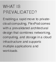 Text Box: WHAT IS PREVALIDATED?Enabling a rapid move to private-cloud computing, FlexPod comes with a prevalidated architectural design that combines networking, computing, and storage in a cloud infrastructure and supports multiple applications and workloads.