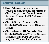 Text Box: Featured Products●   Cisco Advanced Inspection and Prevention Security Services Module or Cisco Catalyst 6500 Series Intrusion Detection System (IDSM-2) Services Module●  Cisco ASA 5500 Firewall or Cisco Catalyst 6500 Series Firewall Services Module●   Cisco Wireless LAN Controller, Cisco Catalyst 6500 Series Wireless Services Module, or Cisco Catalyst 3750G Integrated Wireless LAN Controller