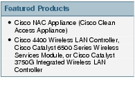 Text Box: Featured Products●   Cisco NAC Appliance (Cisco Clean Access Appliance)●   Cisco 4400 Wireless LAN Controller, Cisco Catalyst 6500 Series Wireless Services Module, or Cisco Catalyst 3750G Integrated Wireless LAN Controller