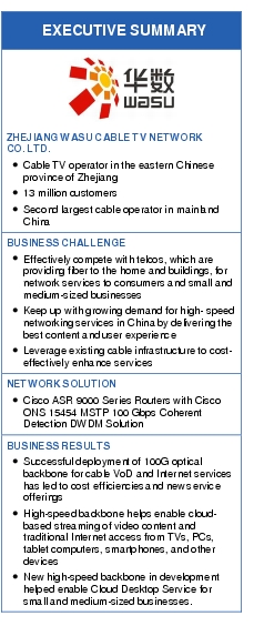 Text Box: EXECUTIVE SUMMARY ZHEJIANG WASU CABLE TV NETWORK CO. LTD.● Cable TV operator in the eastern Chinese province of Zhejiang● 13 million customers● Second largest cable operator in mainland ChinaBUSINESS CHALLENGE● Effectively compete with telcos, which are providing fiber to the home and buildings, for network services to consumers and small and medium-sized businesses● Keep up with growing demand for high- speed networking services in China by delivering the best content and user experience● Leverage existing cable infrastructure to cost-effectively enhance services NETWORK SOLUTION● Cisco ASR 9000 Series Routers with Cisco ONS 15454 MSTP 100 Gbps Coherent Detection DWDM SolutionBUSINESS RESULTS● Successful deployment of 100G optical backbone for cable VoD and Internet services has led to cost efficiencies and new service offerings● High-speed backbone helps enable cloud-based streaming of video content and traditional Internet access from TVs, PCs, tablet computers, smartphones, and other devices● New high-speed backbone in development helped enable Cloud Desktop Service for small and medium-sized businesses.