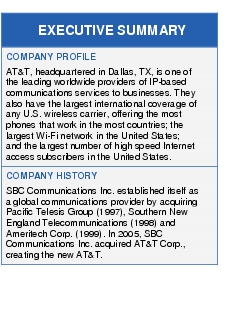 Text Box: EXECUTIVE SUMMARYCOMPANY PROFILEAT&T, headquartered in Dallas, TX, is one of the leading worldwide providers of IP-based communications services to businesses. They also have the largest international coverage of any U.S. wireless carrier, offering the most phones that work in the most countries; the largest Wi-Fi network in the United States; and the largest number of high speed Internet access subscribers in the United States.COMPANY HISTORYSBC Communications Inc. established itself as a global communications provider by acquiring Pacific Telesis Group (1997), Southern New England Telecommunications (1998) and Ameritech Corp. (1999). In 2005, SBC Communications Inc. acquired AT&T Corp., creating the new AT&T.