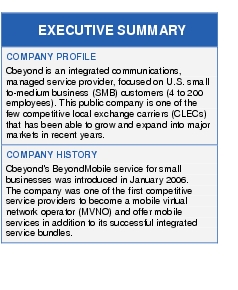 Text Box: EXECUTIVE SUMMARYCOMPANY PROFILECbeyond is an integrated communications, managed service provider, focused on U.S. small to-medium business (SMB) customers (4 to 200 employees). This public company is one of the few competitive local exchange carriers (CLECs) that has been able to grow and expand into major markets in recent years.COMPANY HISTORYCbeyond's BeyondMobile service for small businesses was introduced in January 2006. The company was one of the first competitive service providers to become a mobile virtual network operator (MVNO) and offer mobile services in addition to its successful integrated service bundles.
