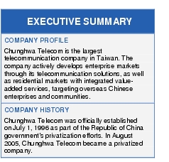 Text Box: EXECUTIVE SUMMARYCOMPANY PROFILEChunghwa Telecom is the largest telecommunication company in Taiwan. The company actively develops enterprise markets through its telecommunication solutions, as well as residential markets with integrated value-added services, targeting overseas Chinese enterprises and communities.COMPANY HISTORYChunghwa Telecom was officially established on July 1, 1996 as part of the Republic of China government's privatization efforts. In August 2005, Chunghwa Telecom became a privatized company.