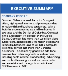 Text Box: EXECUTIVE SUMMARYCOMPANY PROFILEComcast Cable is one of the nation's largest video, high-speed Internet and phone providers to residential and business customers. With a footprint encompassing 52.6 million homes in 39 states and the District of Columbia, Comcast is the largest pay-TV provider in the United States. Comcast has more than 22 million video subscribers, approximately 18 million broadband Internet subscribers, and its XFINITY computer telephony service has more than 9 million customers. The company generates additional revenue from other segments of its business, including cable network broadcasting, advertising, and content licensing, as well as theme parks and entertainment through its acquisition of NBCUniversal in 2011.