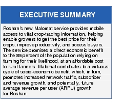 Text Box: EXECUTIVE SUMMARYRoshan's new Malomat service provides mobile access to vital crop-trading information, helping enable growers to get the best price for their crops, improve productivity, and access buyers. The service promises a direct economic benefit to the 85 percent of the population relying on farming for their livelihood, at an affordable cost to rural farmers. Malomat contributes to a virtuous cycle of socio-economic benefit, which, in turn, promotes increased network traffic, subscriber and revenue growth, and potentially, future average revenue per user (ARPU) growth for Roshan.