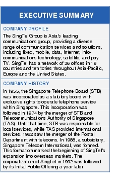 Text Box: EXECUTIVE SUMMARYCOMPANY PROFILEThe SingTel Group is Asia's leading communications group, providing a diverse range of communication services and solutions, including fixed, mobile, data, Internet, info-communications technology, satellite, and pay TV. SingTel has a network of 36 offices in 19 countries and territories throughout Asia-Pacific, Europe and the United States.COMPANY HISTORYIn 1955, the Singapore Telephone Board (STB) was incorporated as a statutory board with exclusive rights to operate telephone service within Singapore. This incorporation was followed in 1974 by the merger of STB and Telecommunications Authority of Singapore (TAS). Until that time, STB was responsible for local services, while TAS provided international services. 1982 saw the merger of the Postal Department with telecoms. In 1988, a subsidiary, Singapore Telecom International, was formed. This formation marked the beginning of SingTel's expansion into overseas markets. The corporatization of SingTel in 1992 was followed by its Initial Public Offering a year later.