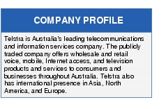 Text Box: COMPANY PROFILETelstra is Australia's leading telecommunications and information services company. The publicly traded company offers wholesale and retail voice, mobile, Internet access, and television products and services to consumers and businesses throughout Australia. Telstra also has international presence in Asia, North America, and Europe.