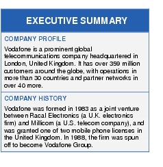 Text Box: EXECUTIVE SUMMARYCOMPANY PROFILEVodafone is a prominent global telecommunications company headquartered in London, United Kingdom. It has over 359 million customers around the globe, with operations in more than 30 countries and partner networks in over 40 more.COMPANY HISTORYVodafone was formed in 1983 as a joint venture between Racal Electronics (a U.K. electronics firm) and Millicom (a U.S. telecom company), and was granted one of two mobile phone licenses in the United Kingdom. In 1988, the firm was spun off to become Vodafone Group.