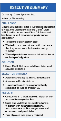 Text Box: EXECUTIVE SUMMARYCompany: Cisco Systems, Inc.Industry: NetworkingCHALLENGEMigrate 300 provider edge (PE) routers connected to Vodafone Germany's existing Cisco® GSR MPLS backbone to a new Cisco CRS-1-based backbone without downtime or performance degradation● Needed to plan migration order● Wanted to provide customer with confidence that they would not affect service during migration● Wanted prediction of network link utilization at each step of migrationSOLUTION● Cisco MATE Software with Cisco Advanced Services expertiseSELECTION CRITERIA● Accurate and easy traffic matrix deduction● Accurate traffic simulations● Functionality could be programmatically exercised, as well as through GUIRESULTS● Conducted a 10-week network migration with no downtime or packet loss● Cisco and Vodafone were able to handle migration with minimized operational resources since traffic changes were well understood and predictable● Risk of project was greatly reduced
