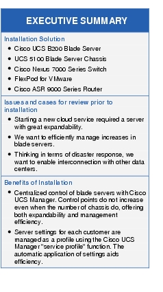 Text Box: EXECUTIVE SUMMARYInstallation Solution● Cisco UCS B200 Blade Server●  UCS 5100 Blade Server Chassis●    Cisco Nexus 7000 Series Switch●   FlexPod for VMware●   Cisco ASR 9000 Series RouterIssues and cases for review prior to installation●    Starting a new cloud service required a server with great expandability.● We want to efficiently manage increases in blade servers.●    Thinking in terms of disaster response, we want to enable interconnection with other data centers.Benefits of Installation●   Centralized control of blade servers with Cisco UCS Manager. Control points do not increase even when the number of chassis do, offering both expandability and management efficiency.●   Server settings for each customer are managed as a profile using the Cisco UCS Manager "service profile" function. The automatic application of settings aids efficiency.