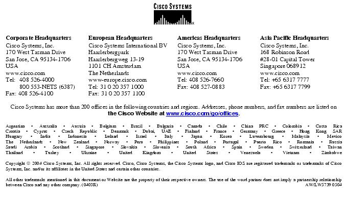 Text Box:  Corporate HeadquartersCisco Systems, Inc.170 West Tasman DriveSan Jose, CA 95134-1706USAwww.cisco.comTel:     408 526-4000    800 553-NETS (6387)Fax: 408 526-4100   European HeadquartersCisco Systems International BVHaarlerbergparkHaarlerbergweg 13-191101 CH AmsterdamThe Netherlandswww-europe.cisco.comTel: 31 0 20 357 1000Fax: 31 0 20 357 1100    Americas HeadquartersCisco Systems, Inc.170 West Tasman DriveSan Jose, CA 95134-1706USAwww.cisco.comTel: 408 526-7660Fax: 408 527-0883  Asia Pacific HeadquartersCisco Systems, Inc.168 Robinson Road#28-01 Capital Tower Singapore 068912www.cisco.comTel: +65 6317 7777Fax: +65 6317 7799Cisco Systems has more than 200 offices in the following countries and regions. Addresses, phone numbers, and fax numbers are listed on the Cisco Website at www.cisco.com/go/offices.Argentina · Australia · Austria · Belgium · Brazil · Bulgaria · Canada · Chile · China PRC · Colombia · Costa RicaCroatia · Cyprus · Czech Republic · Denmark · Dubai, UAE · Finland · France · Germany · Greece · Hong Kong SARHungary · India · Indonesia · Ireland · Israel · Italy · Japan · Korea · Luxembourg · Malaysia · MexicoThe Netherlands · New Zealand · Norway · Peru · Philippines · Poland · Portugal · Puerto Rico · Romania · RussiaSaudi Arabia · Scotland · Singapore · Slovakia · Slovenia · South Africa · Spain · Sweden · Switzerland · TaiwanThailand · Turkey · Ukraine · United Kingdom · United States · Venezuela · Vietnam · ZimbabweCopyright  2004 Cisco Systems, Inc. All rights reserved. Cisco, Cisco Systems, the Cisco Systems logo, and Cisco IOS are registered trademarks or trademarks of Cisco Systems, Inc. and/or its affiliates in the United States and certain other countries.All other trademarks mentioned in this document or Website are the property of their respective owners. The use of the word partner does not imply a partnership relationship between Cisco and any other company. (0403R)  AW/LW5739 0504