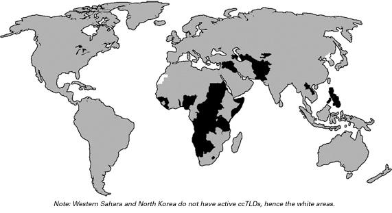 Figure 4: Countries that Host Their Own ccTLDs in Grey; Those that Do Not in Black
