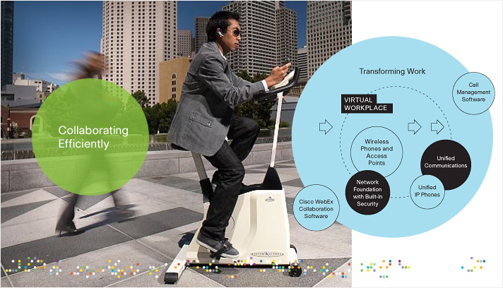 Transforming work. A photo of a man in a business suit riding an exercise bicycle down a busy sidewalk in a financial area of town to illustrate the idea that people can work from anywhere.