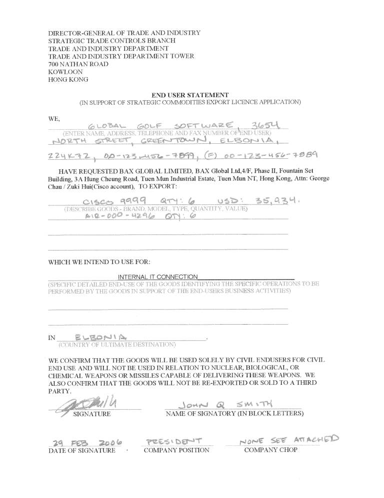 Completed Hong Kong End User Statement